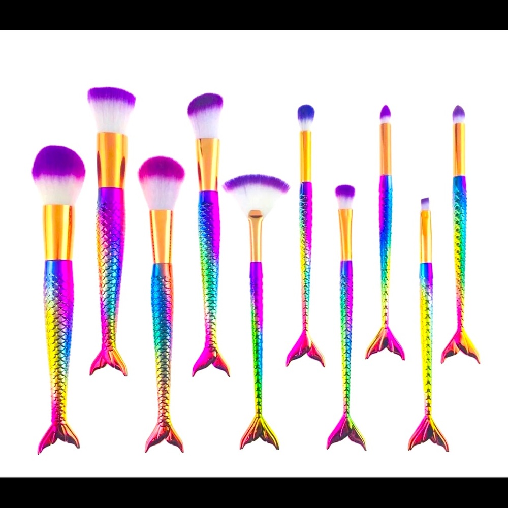10 Piece Chrome Metallic Rainbow Mermaid Brush Set Based On Tarte Brand